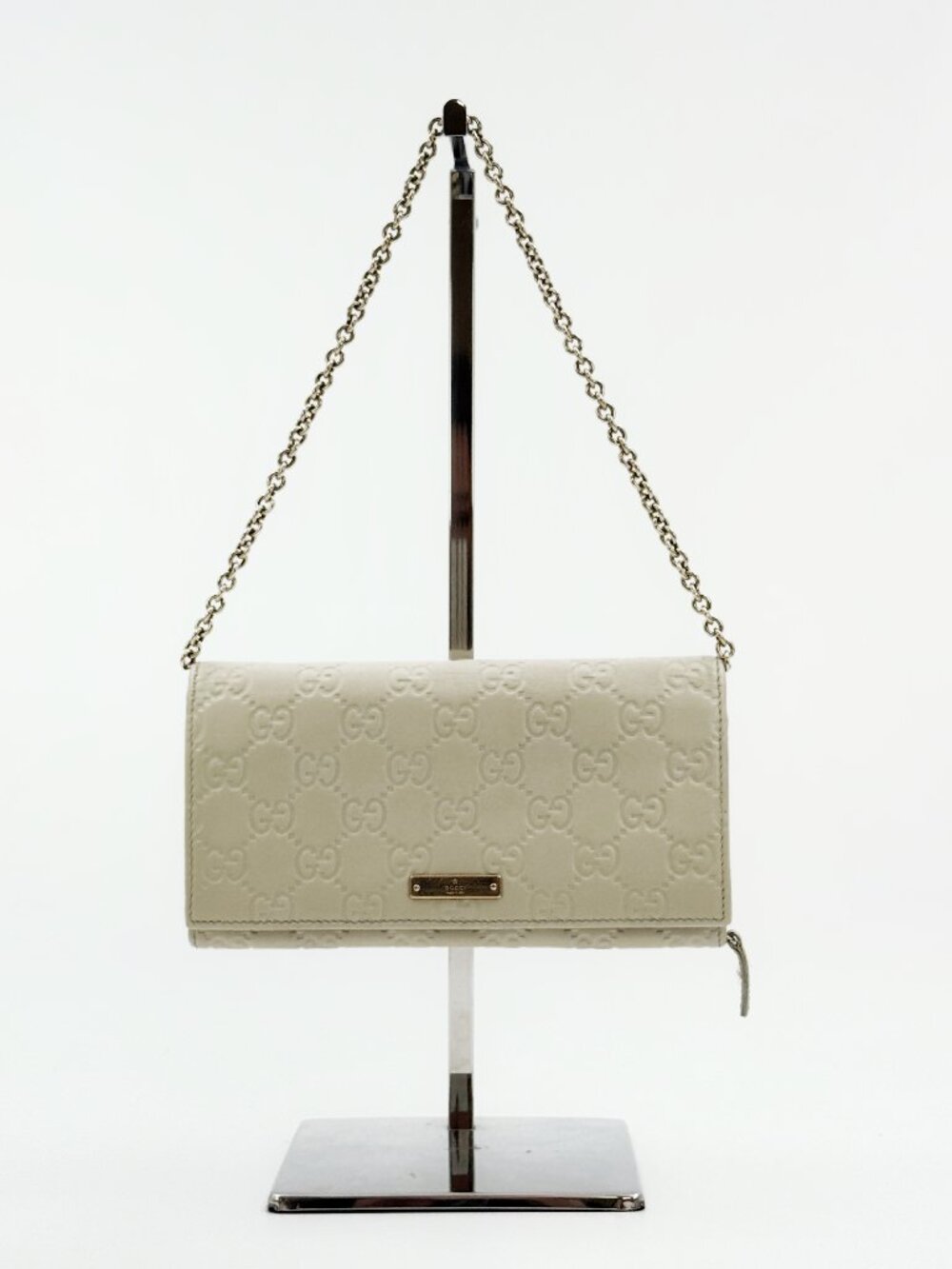 Gucci Guccissima White Leather Chain Wallet Clutch Shoulder Bag